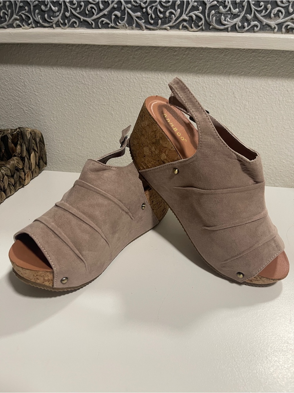 BAMBOO Taupe Suede Open-Toe Cork Wedge Slingback Heels